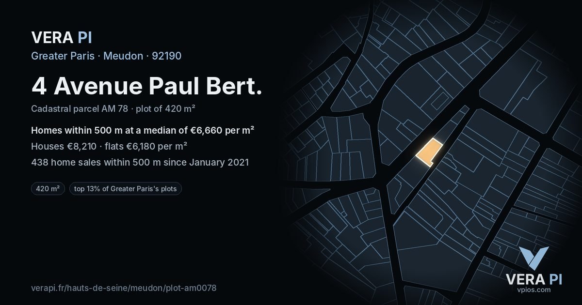 4 Avenue Paul Bert, Meudon at night – the plot lit, the parcels around coloured by the prices near them