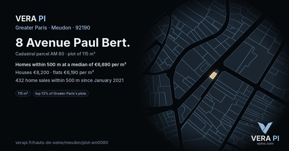 8 Avenue Paul Bert, Meudon at night – the plot lit, the parcels around coloured by the prices near them