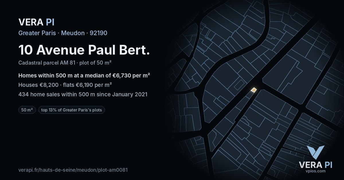10 Avenue Paul Bert, Meudon at night – the plot lit, the parcels around coloured by the prices near them