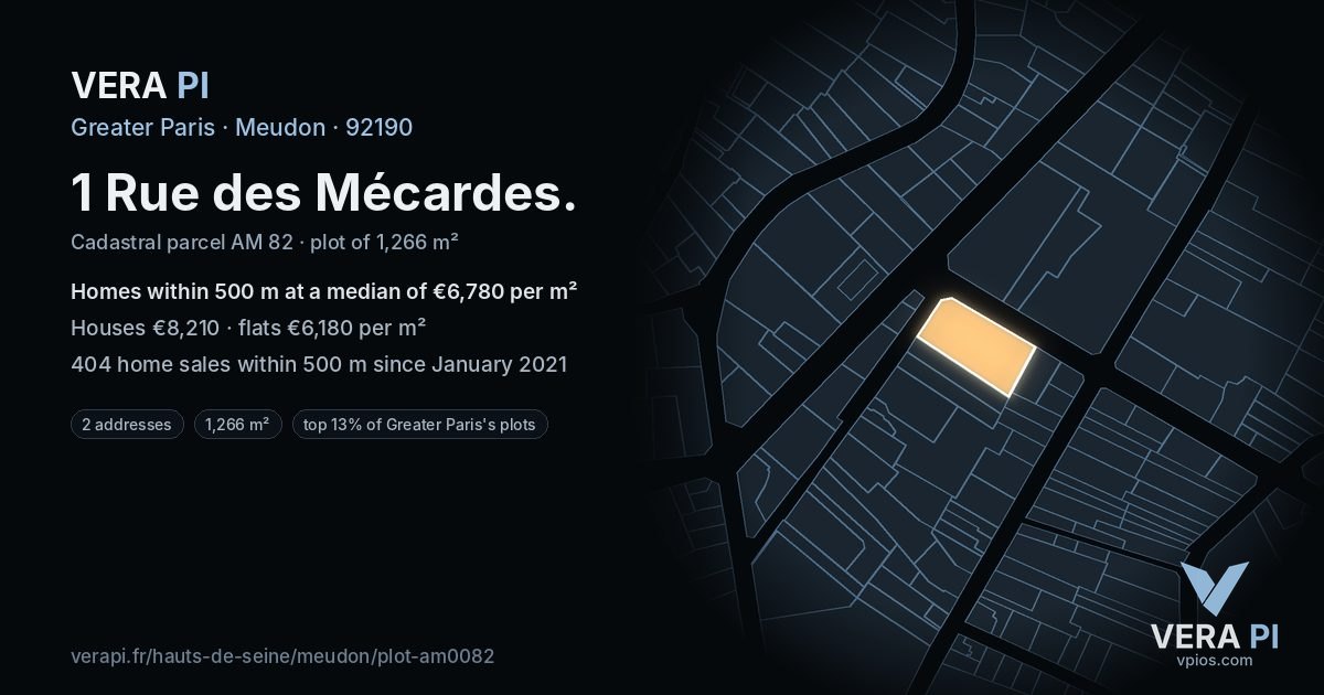 1 Rue des Mécardes, Meudon at night – the plot lit, the parcels around coloured by the prices near them