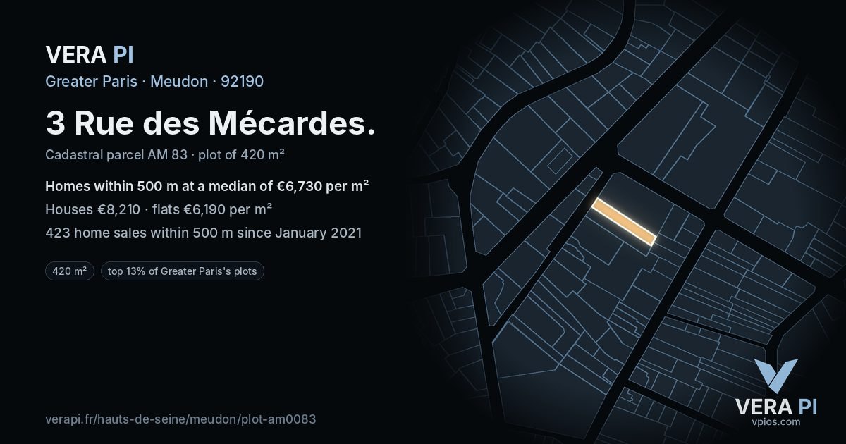 3 Rue des Mécardes, Meudon at night – the plot lit, the parcels around coloured by the prices near them