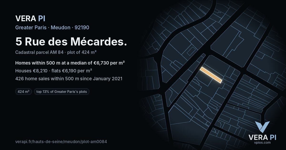 5 Rue des Mécardes, Meudon at night – the plot lit, the parcels around coloured by the prices near them