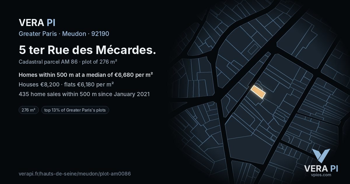 5 ter Rue des Mécardes, Meudon at night – the plot lit, the parcels around coloured by the prices near them