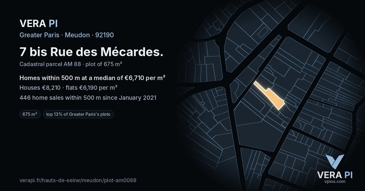 7 bis Rue des Mécardes, Meudon at night – the plot lit, the parcels around coloured by the prices near them