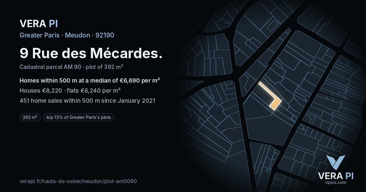 9 Rue des Mécardes, Meudon at night – the plot lit, the parcels around coloured by the prices near them