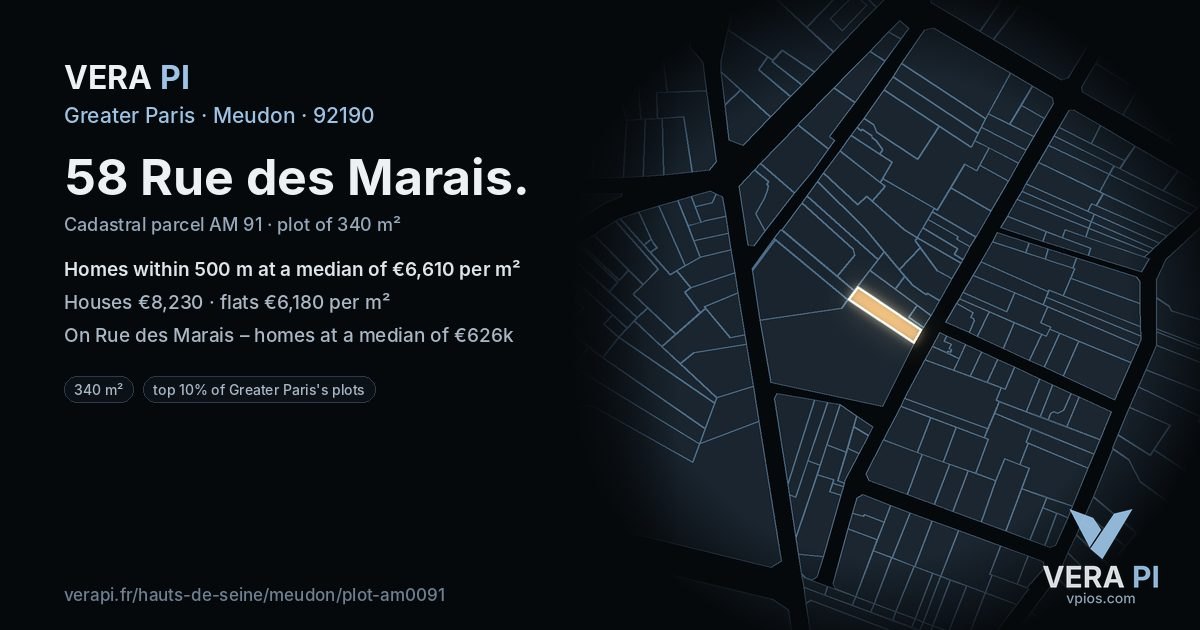 58 Rue des Marais, Meudon at night – the plot lit, the parcels around coloured by the prices near them