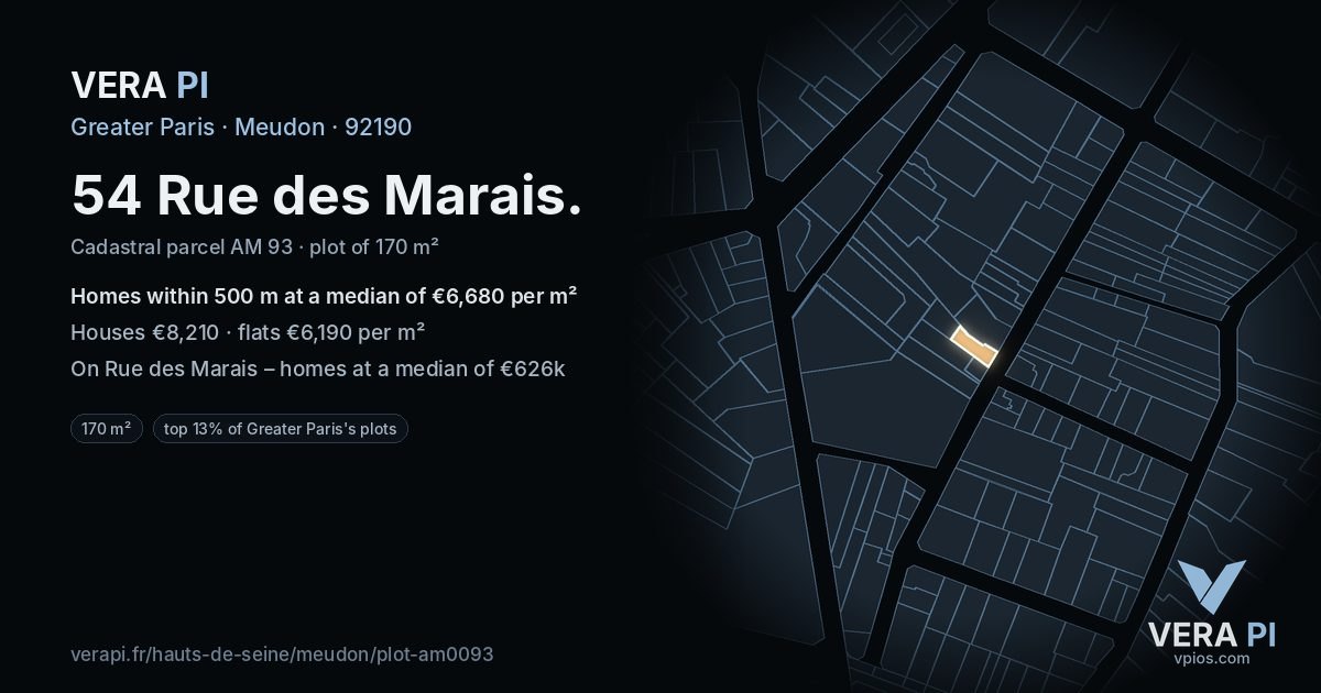 54 Rue des Marais, Meudon at night – the plot lit, the parcels around coloured by the prices near them