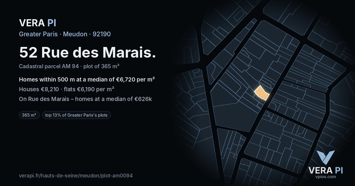 52 Rue des Marais, Meudon at night – the plot lit, the parcels around coloured by the prices near them