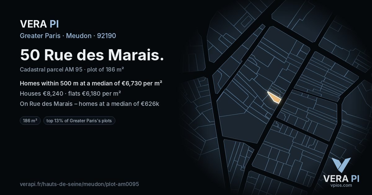 50 Rue des Marais, Meudon at night – the plot lit, the parcels around coloured by the prices near them
