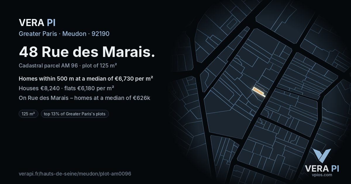 48 Rue des Marais, Meudon at night – the plot lit, the parcels around coloured by the prices near them