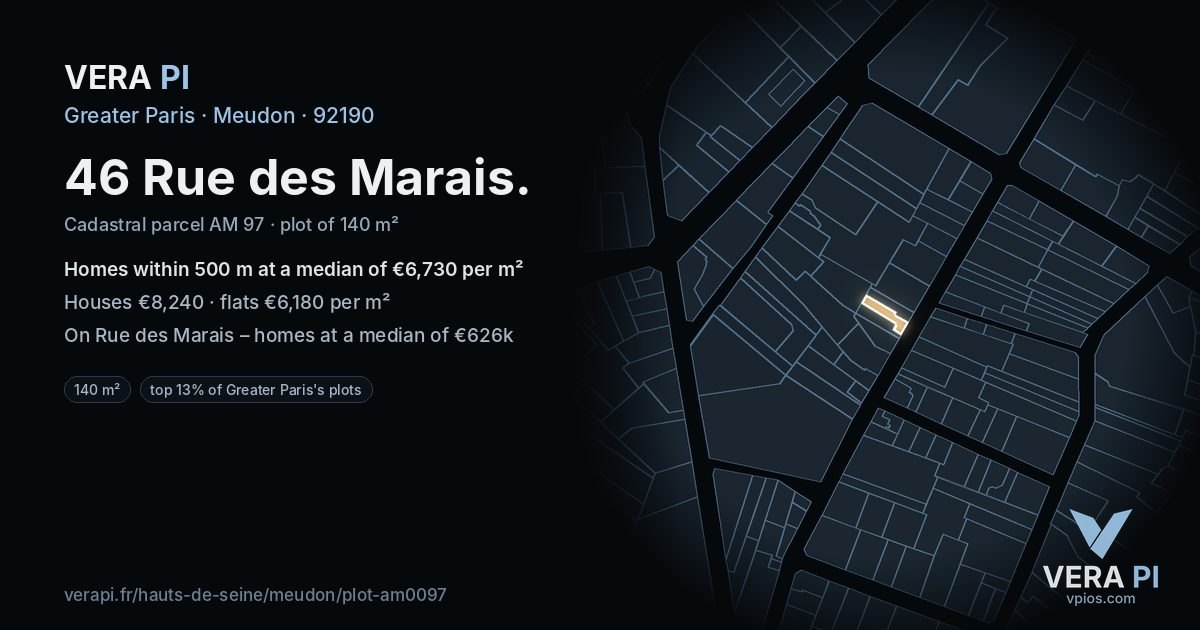 46 Rue des Marais, Meudon at night – the plot lit, the parcels around coloured by the prices near them