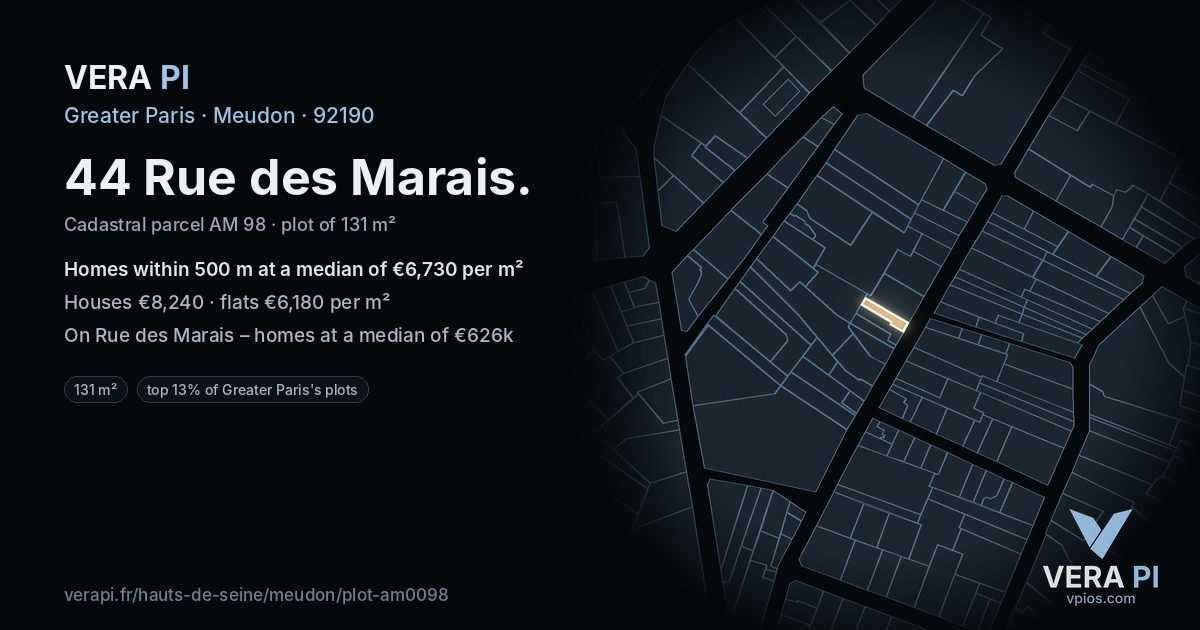 44 Rue des Marais, Meudon at night – the plot lit, the parcels around coloured by the prices near them