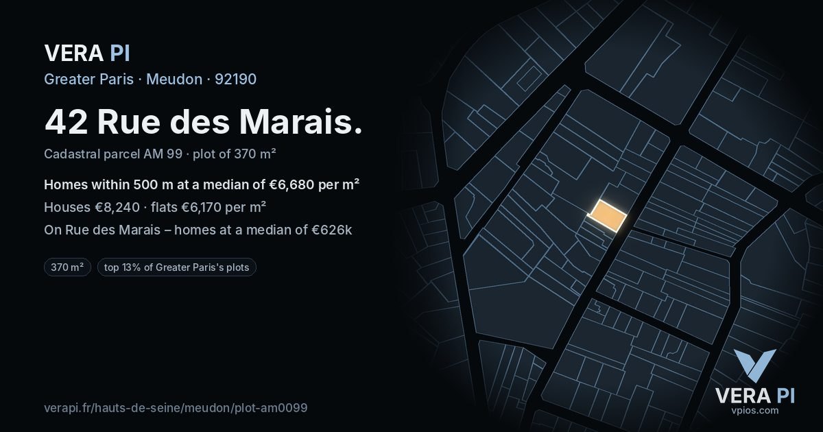 42 Rue des Marais, Meudon at night – the plot lit, the parcels around coloured by the prices near them
