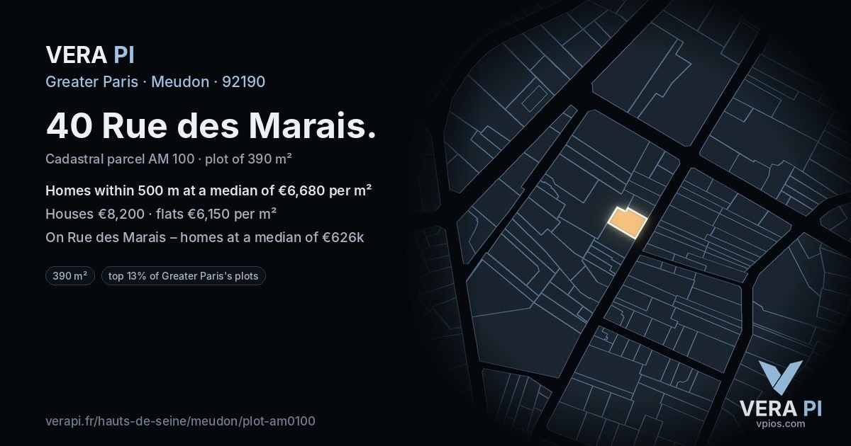 40 Rue des Marais, Meudon at night – the plot lit, the parcels around coloured by the prices near them