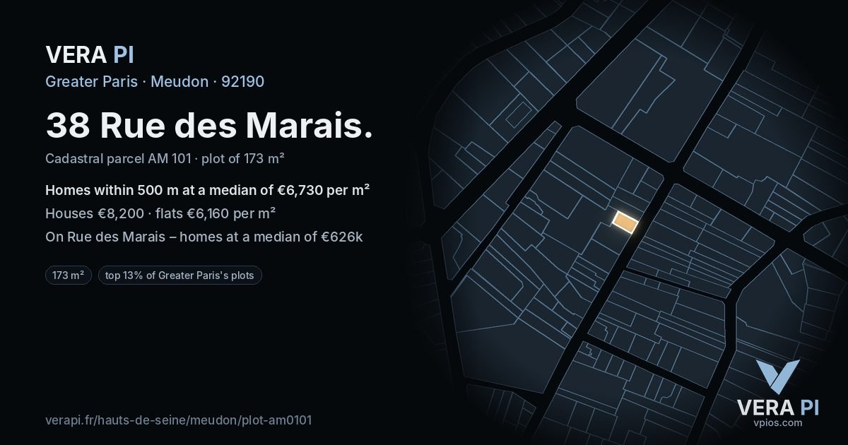 38 Rue des Marais, Meudon at night – the plot lit, the parcels around coloured by the prices near them
