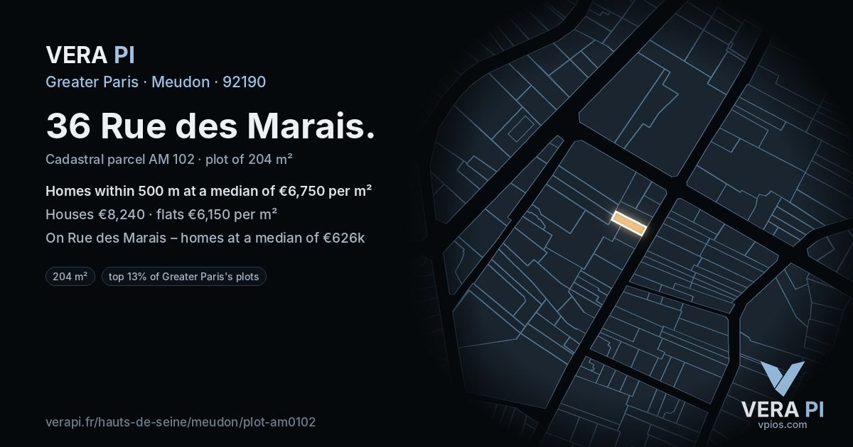 36 Rue des Marais, Meudon at night – the plot lit, the parcels around coloured by the prices near them