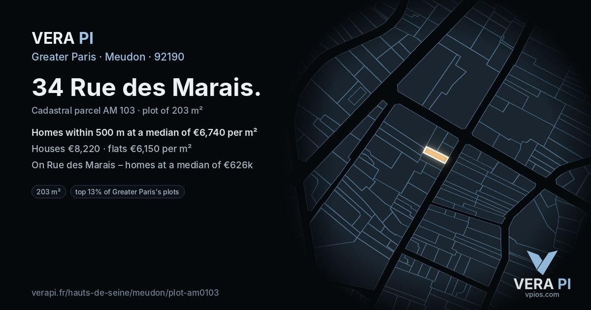 34 Rue des Marais, Meudon at night – the plot lit, the parcels around coloured by the prices near them