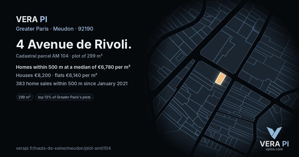 4 Avenue de Rivoli, Meudon at night – the plot lit, the parcels around coloured by the prices near them