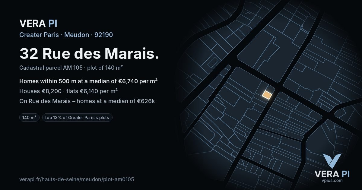 32 Rue des Marais, Meudon at night – the plot lit, the parcels around coloured by the prices near them