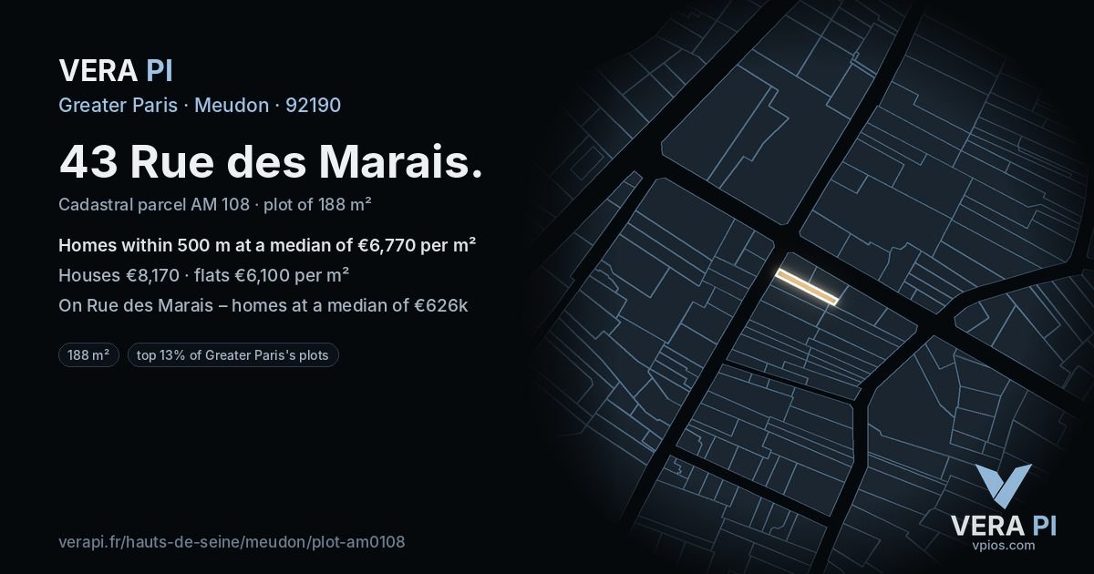 43 Rue des Marais, Meudon at night – the plot lit, the parcels around coloured by the prices near them