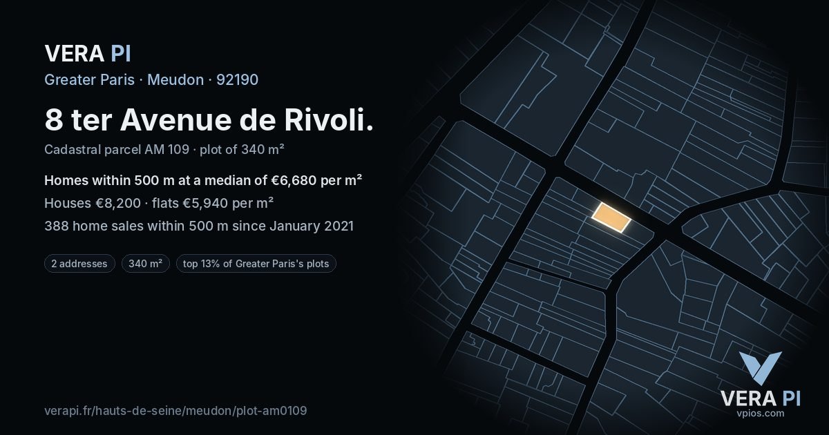 8 ter Avenue de Rivoli, Meudon at night – the plot lit, the parcels around coloured by the prices near them