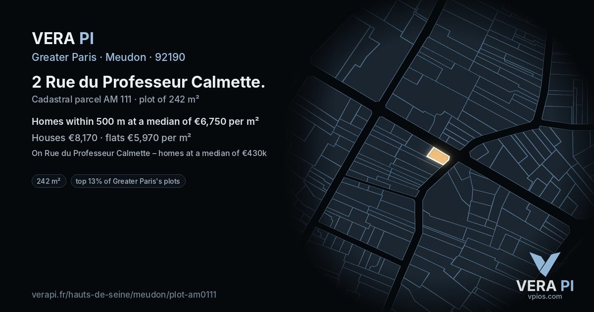 2 Rue du Professeur Calmette, Meudon at night – the plot lit, the parcels around coloured by the prices near them