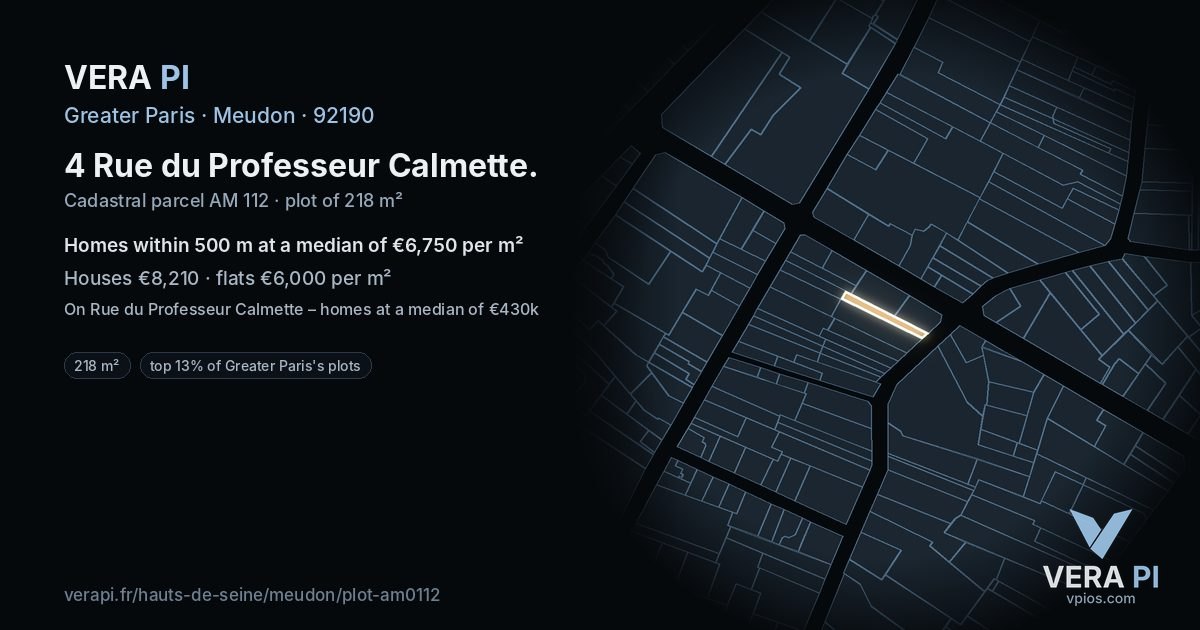 4 Rue du Professeur Calmette, Meudon at night – the plot lit, the parcels around coloured by the prices near them