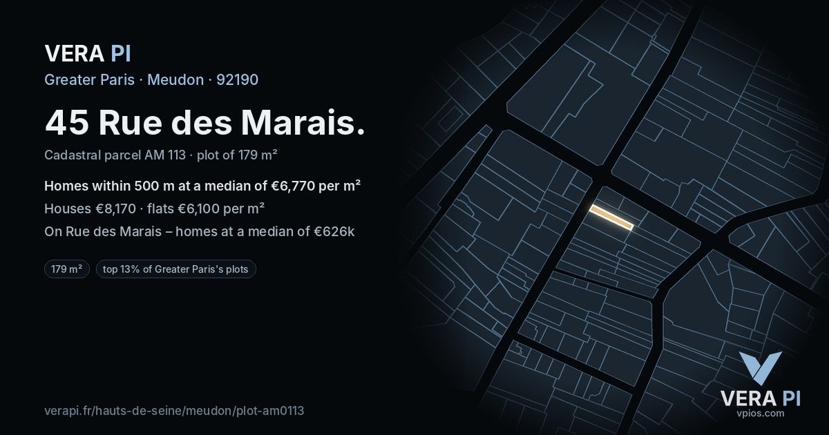 45 Rue des Marais, Meudon at night – the plot lit, the parcels around coloured by the prices near them