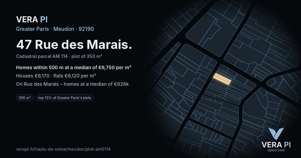 47 Rue des Marais, Meudon at night – the plot lit, the parcels around coloured by the prices near them