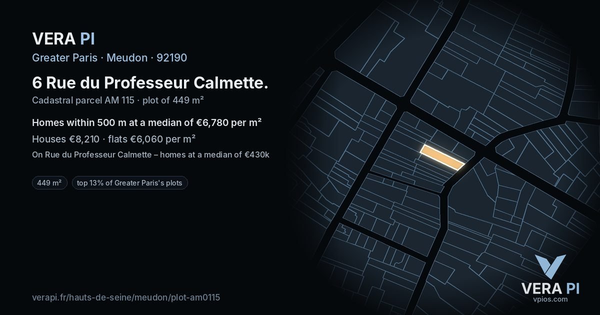 6 Rue du Professeur Calmette, Meudon at night – the plot lit, the parcels around coloured by the prices near them