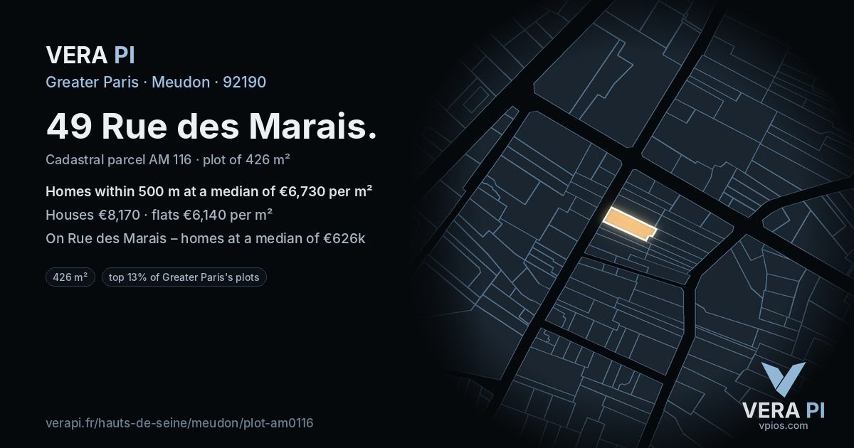 49 Rue des Marais, Meudon at night – the plot lit, the parcels around coloured by the prices near them