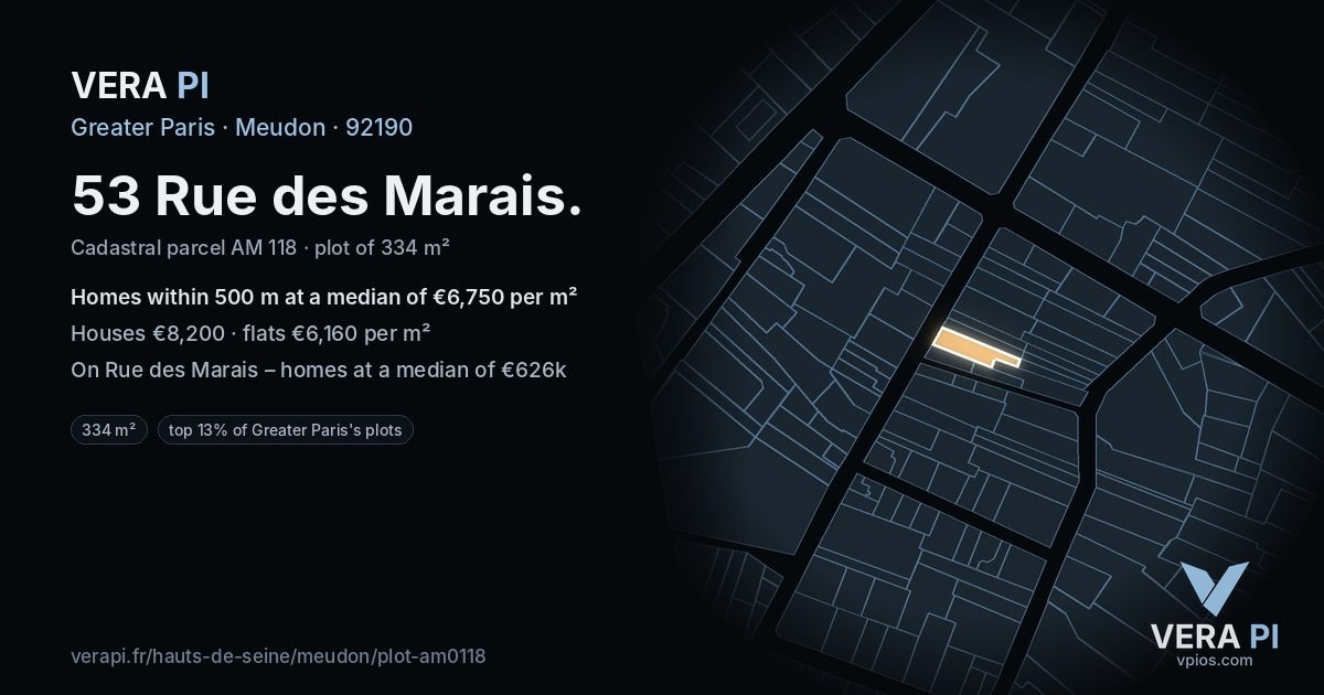 53 Rue des Marais, Meudon at night – the plot lit, the parcels around coloured by the prices near them