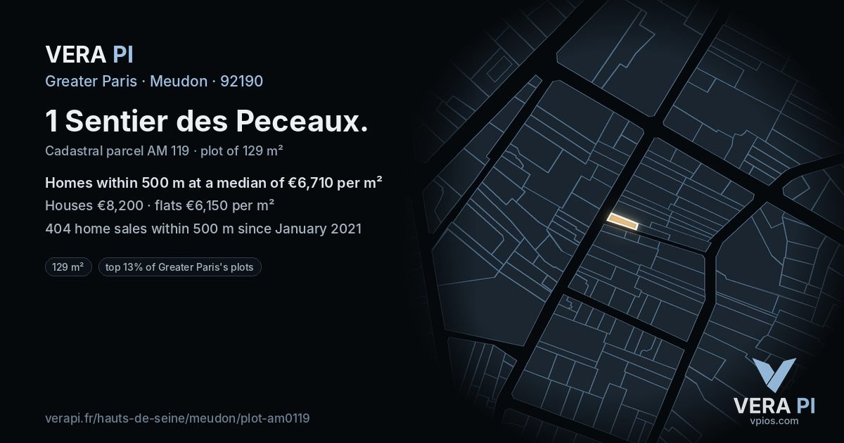 1 Sentier des Peceaux, Meudon at night – the plot lit, the parcels around coloured by the prices near them