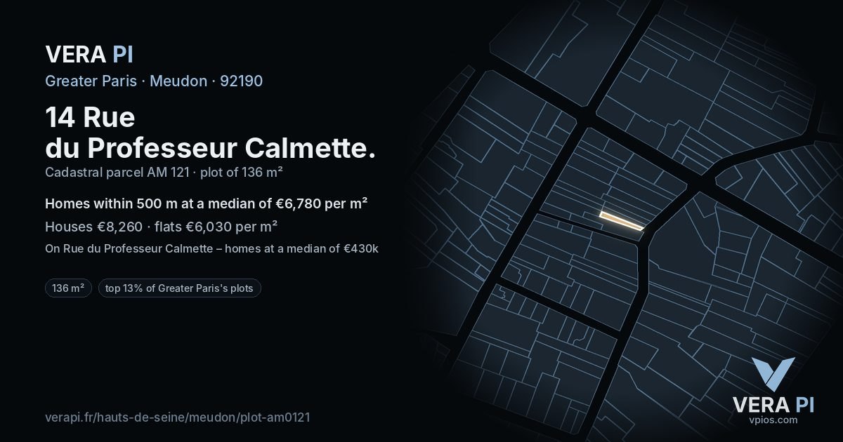 14 Rue du Professeur Calmette, Meudon at night – the plot lit, the parcels around coloured by the prices near them