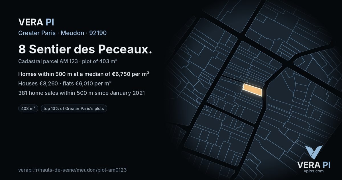 8 Sentier des Peceaux, Meudon at night – the plot lit, the parcels around coloured by the prices near them