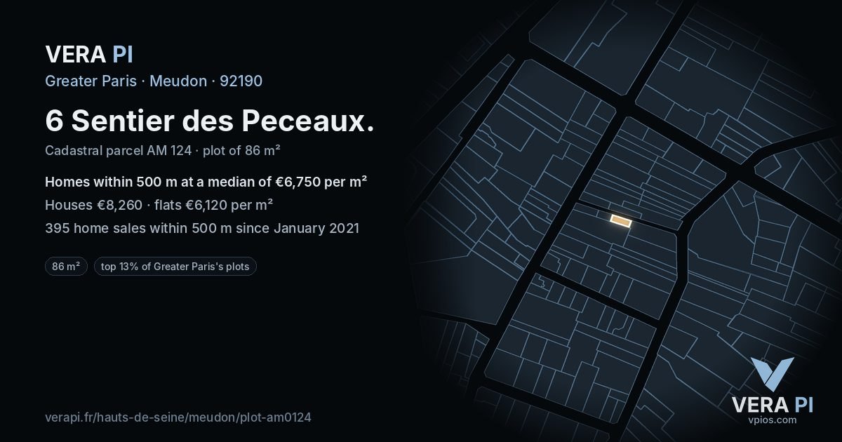 6 Sentier des Peceaux, Meudon at night – the plot lit, the parcels around coloured by the prices near them