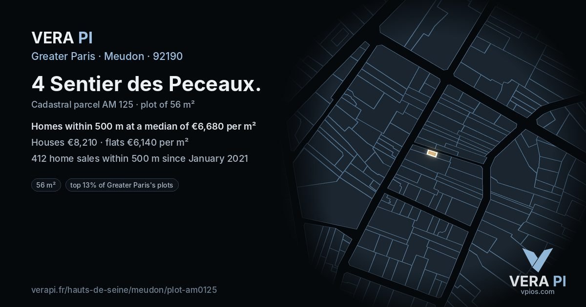 4 Sentier des Peceaux, Meudon at night – the plot lit, the parcels around coloured by the prices near them
