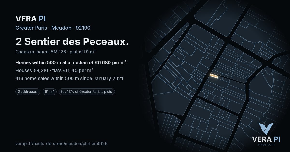 2 Sentier des Peceaux, Meudon at night – the plot lit, the parcels around coloured by the prices near them
