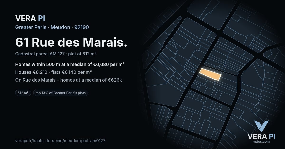 61 Rue des Marais, Meudon at night – the plot lit, the parcels around coloured by the prices near them