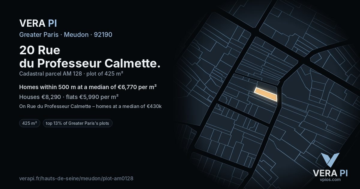 20 Rue du Professeur Calmette, Meudon at night – the plot lit, the parcels around coloured by the prices near them