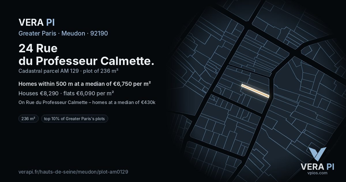 24 Rue du Professeur Calmette, Meudon at night – the plot lit, the parcels around coloured by the prices near them