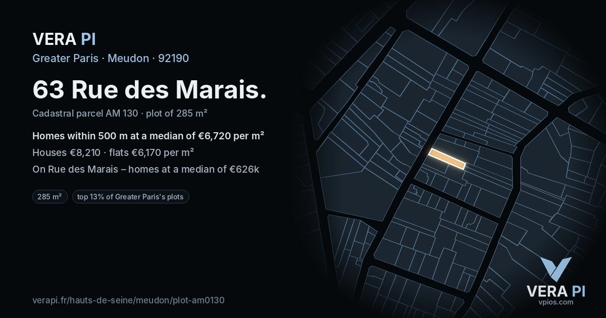 63 Rue des Marais, Meudon at night – the plot lit, the parcels around coloured by the prices near them