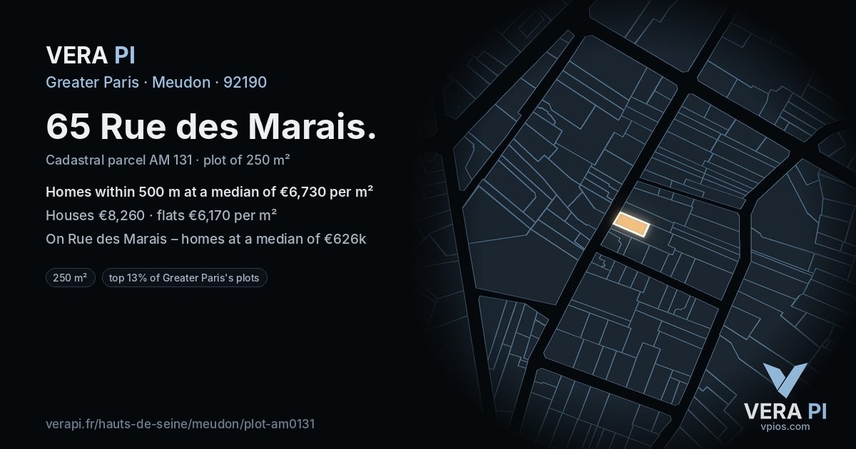 65 Rue des Marais, Meudon at night – the plot lit, the parcels around coloured by the prices near them