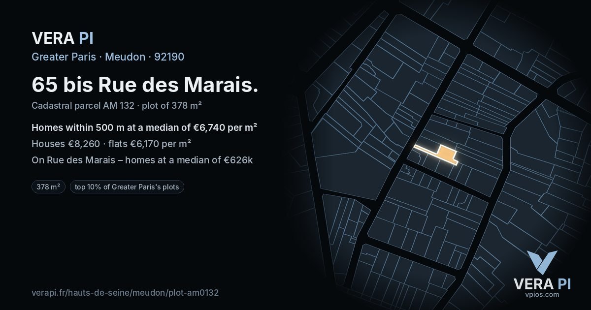65 bis Rue des Marais, Meudon at night – the plot lit, the parcels around coloured by the prices near them
