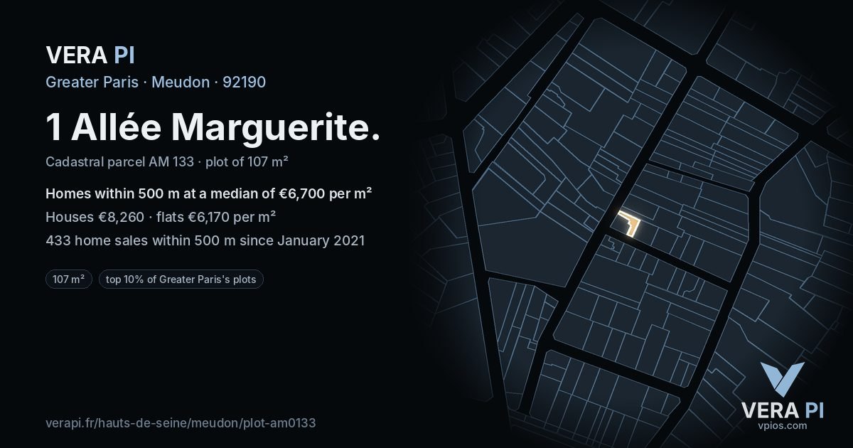 1 Allée Marguerite, Meudon at night – the plot lit, the parcels around coloured by the prices near them