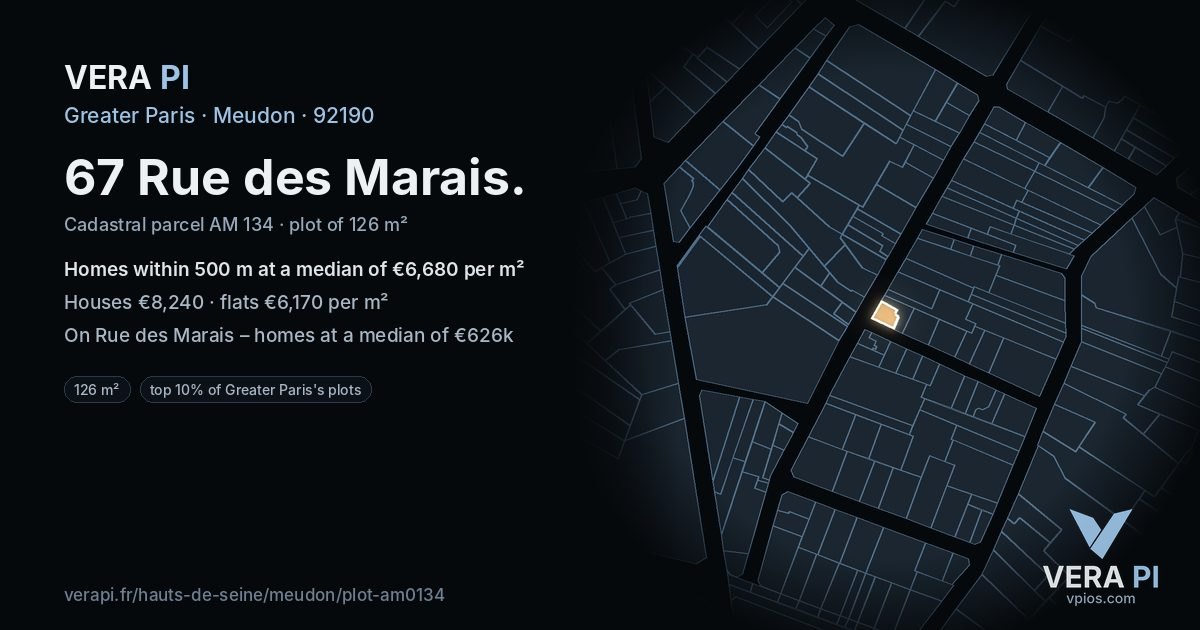 67 Rue des Marais, Meudon at night – the plot lit, the parcels around coloured by the prices near them