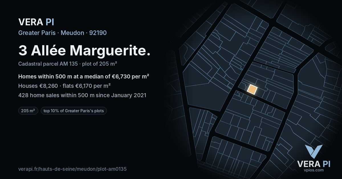 3 Allée Marguerite, Meudon at night – the plot lit, the parcels around coloured by the prices near them