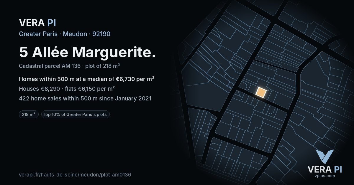 5 Allée Marguerite, Meudon at night – the plot lit, the parcels around coloured by the prices near them