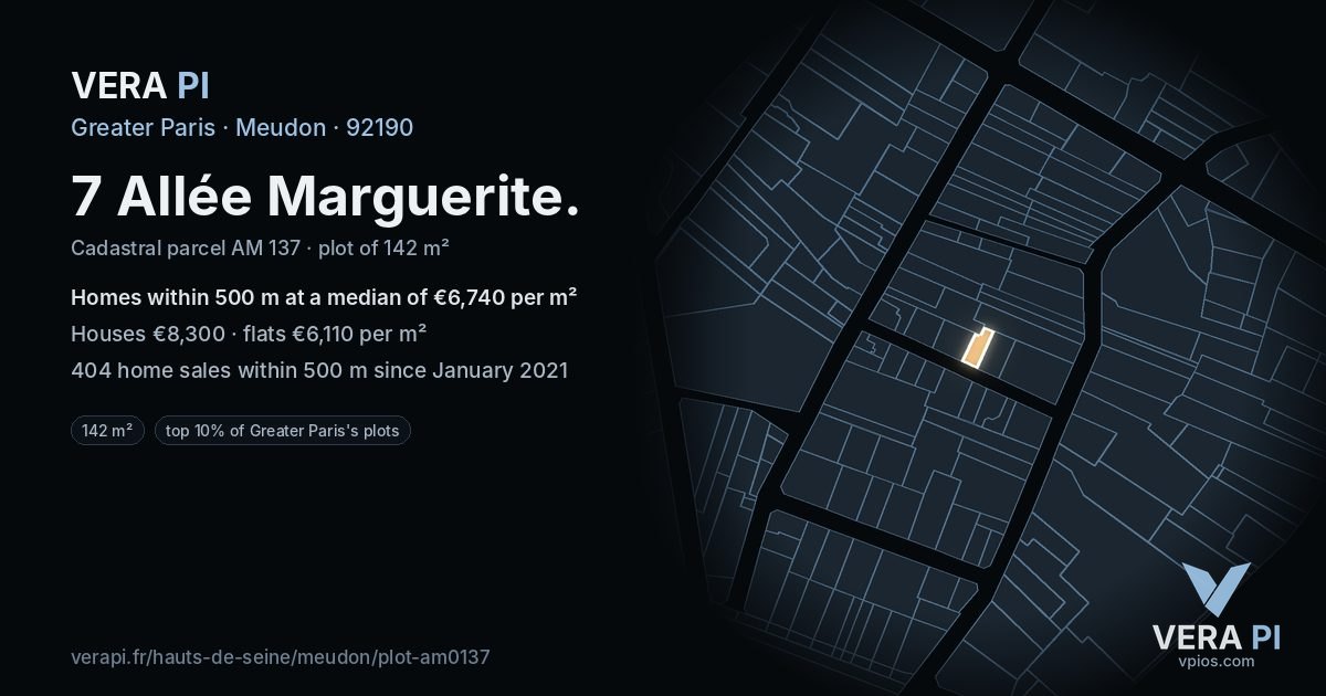 7 Allée Marguerite, Meudon at night – the plot lit, the parcels around coloured by the prices near them