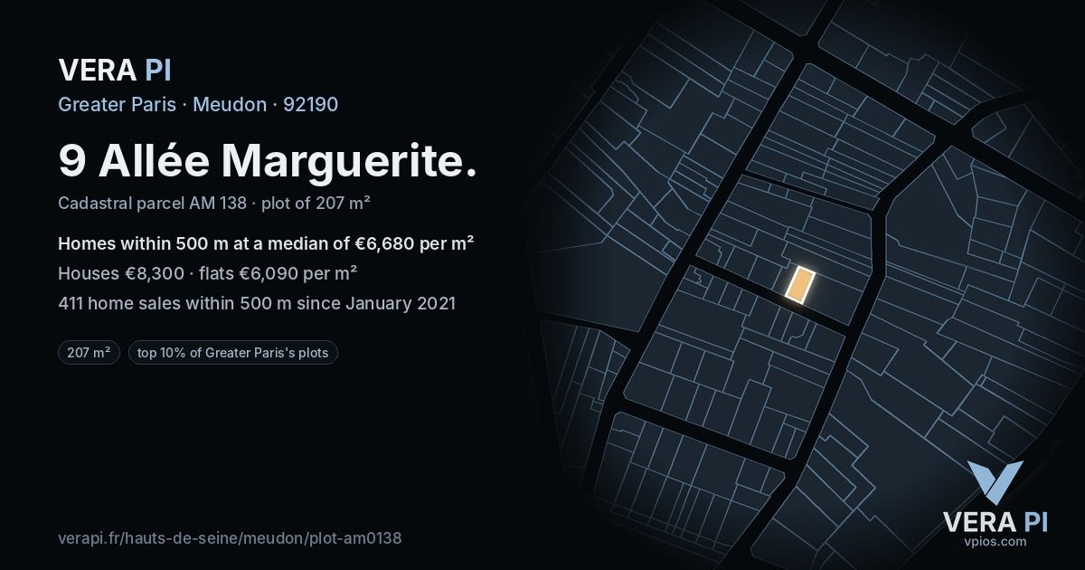 9 Allée Marguerite, Meudon at night – the plot lit, the parcels around coloured by the prices near them